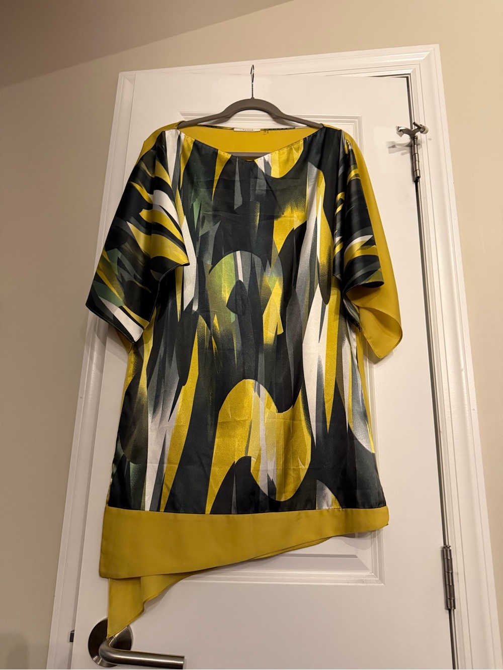 Tahari Yellow and Black Abstract Draped Mini Dress